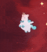 a white unicorn with wings and a crown on its head is flying through the air on a red background .