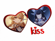 a couple of hearts with the word kiss in red