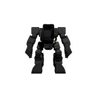 a black robot with a yellow light on its head is standing on a white surface .