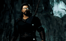 a man with glowing blue eyes is holding a stick