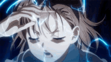 a close up of a person 's face with a lightning bolt coming out of it .