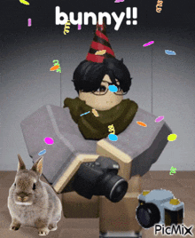 a picture of a boy in a party hat with the words bunny on the bottom