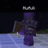 a minecraft character is holding a purple shield and a sword .
