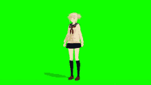 a 3d animation of a girl in a school uniform dancing on a green screen .