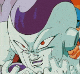 a close up of a cartoon character with a purple head and red eyes