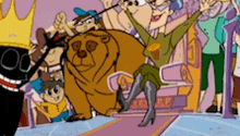 a group of cartoon characters including a bear and a woman