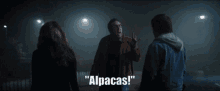 a man says " alpacas " while standing next to a woman