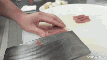 a person is cutting a piece of meat on a cutting board with the words made in animatica below it