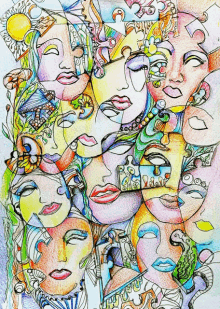 a colorful drawing of a woman 's faces with a butterfly and a sun in the background