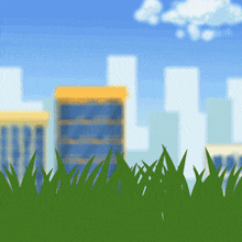 a cartoon drawing of a city with buildings in the background and grass in the foreground