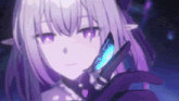 a girl with purple hair is holding a blue butterfly in her hand