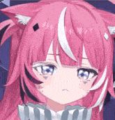a close up of a pink anime girl 's face