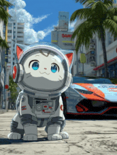 a cat in a space suit is standing in front of a car that says sam on the side
