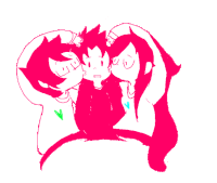 a drawing of a boy being kissed by two girls with hearts on their shirts