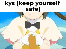 a girl in a bow tie is holding a stick with the words kys ( keep yourself safe ) written above her .