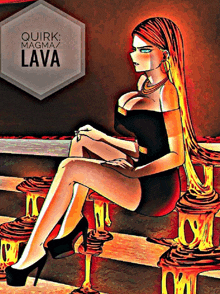 a woman in a black dress is sitting on a bar with the word lava behind her