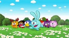 a bunch of cartoon characters are standing in a field of flowers