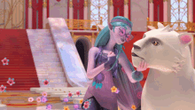 a girl with blue hair stands next to a polar bear