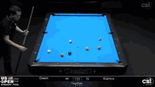 a man is playing pool on a blue diamond pool table