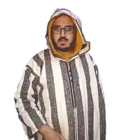 a man wearing glasses and a striped jacket is giving the middle finger