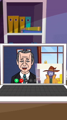 a cartoon of a man talking to another man with a w on his face