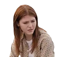 a woman with red hair is wearing a floral shirt and a white t-shirt