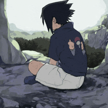 a drawing of a person sitting on a rock with a shirt that says uchiha on the back