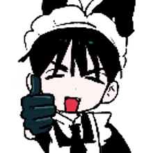a black and white drawing of a girl in a maid outfit giving a thumbs up