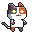 a pixel art of a calico cat with yellow eyes .