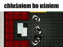 a group of people are sitting in a room with the words chlusniem bo usniem above them