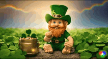 a leprechaun is sitting in a field of clovers with a pot of gold