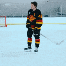 a hockey player wearing a jersey with the letter c on the front