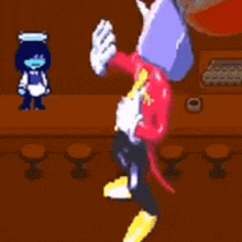 a cartoon character with a sink on his head is standing in a room .