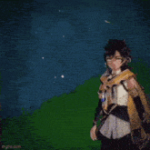 a video game character is standing in a field with a person flying overhead .