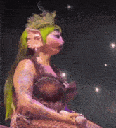 a woman with green hair and ears is holding a microphone in her hand