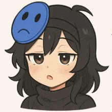 a girl with a sad face on her head is wearing a headband .