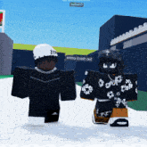 two roblox characters are standing next to each other and one of them has a sticker that says " imma crash out "