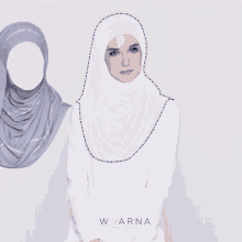 a woman wearing a gray hijab and a white shirt with warna made natural written on the bottom