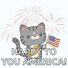 a cartoon cat holding an american flag with the words happy to you america below it