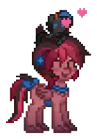 a pixel art drawing of a pony with a bird on its head