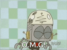 a cartoon of a robot with the words o.m.g. written on it .