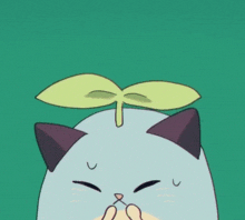 a cartoon of a cat with a green leaf on its head