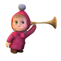 a cartoon character wearing a pink coat and a red hat holds a trumpet