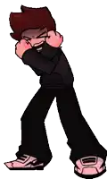 a pixel art drawing of a boy in a black hoodie and black pants covering his face with his hands .
