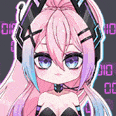 a cartoon girl with pink hair and headphones on her head .