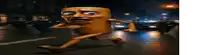 a cartoon character with arms and legs is running down a street at night .