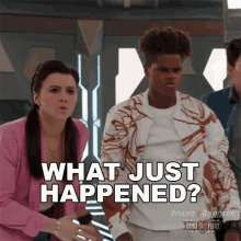 a group of power rangers are standing next to each other and one of them is saying what just happened