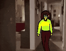a cartoon of a girl walking down a hallway .