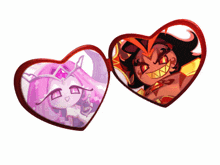 two hearts with cartoon characters on them one of which has red eyes