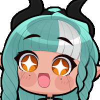 a cartoon drawing of a girl with blue hair and horns